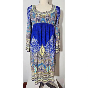 Muse for Boston Proper Blue Medallion Geometric Print Empire Waist Dress Sz 6